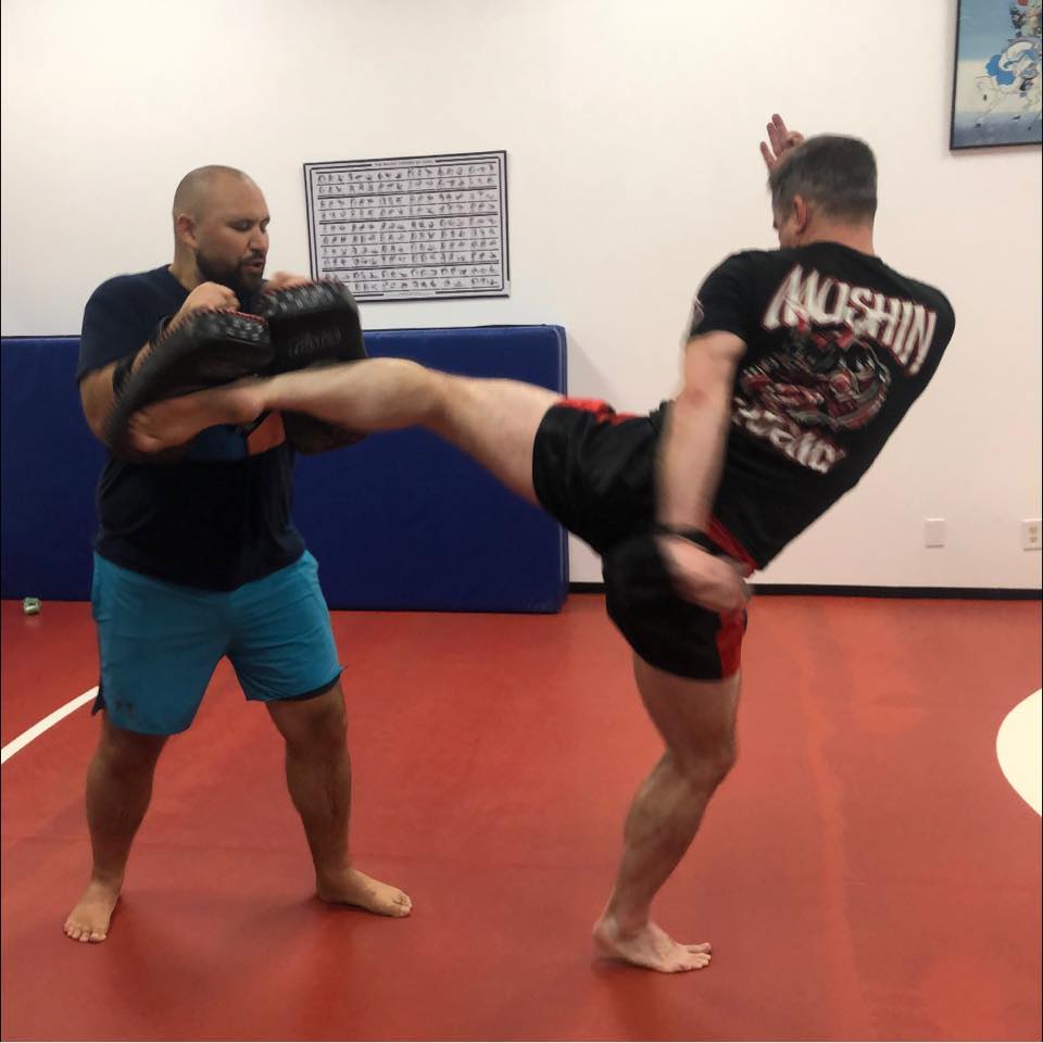 Image of a powerful kick being trained on pads held by a trainer